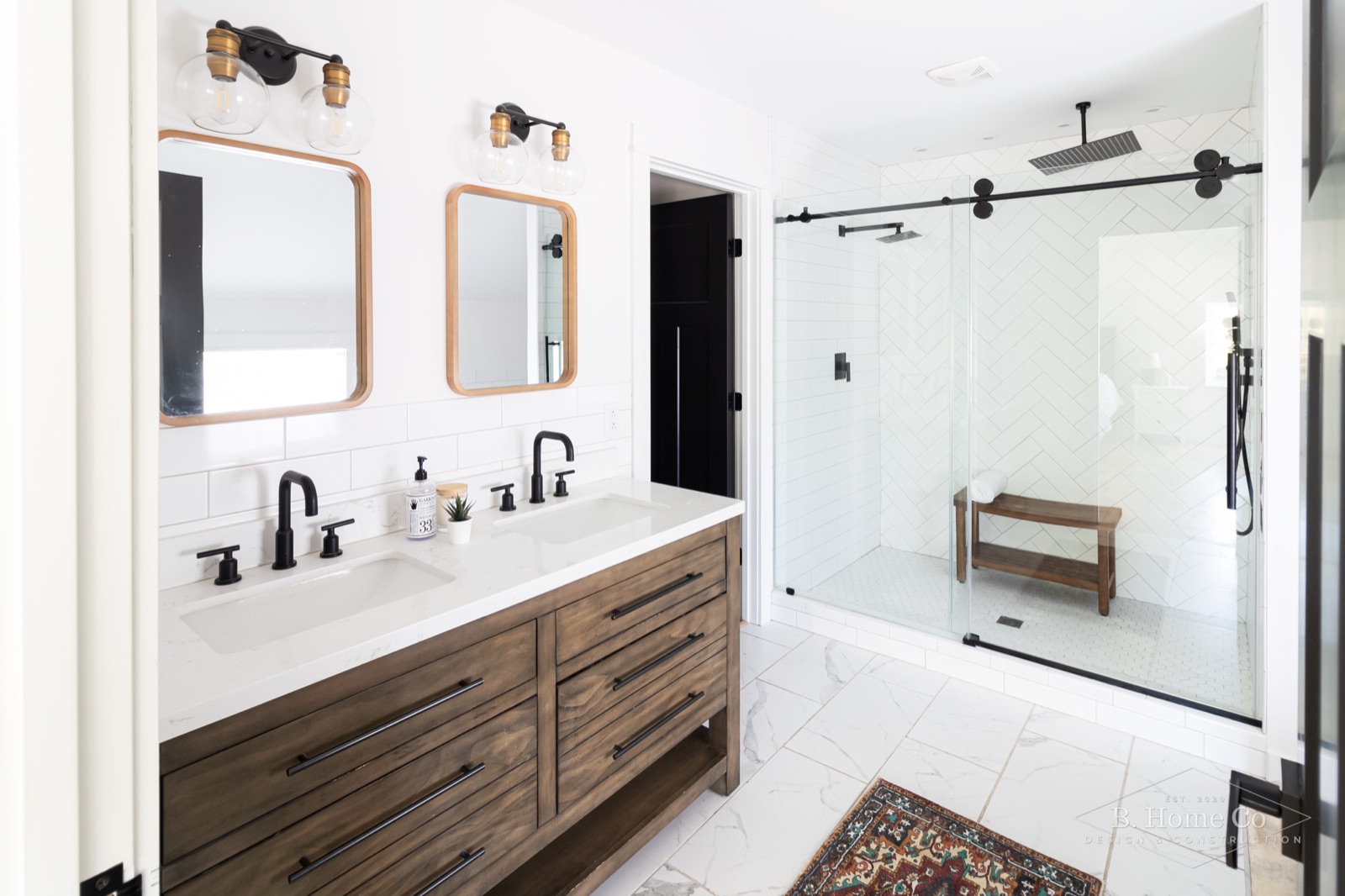 Wide view of the renovated primary bathroom